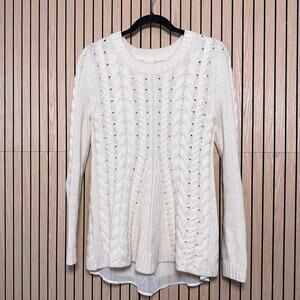 174 Cabi Lace-Up Cable Knit Sweater Layered Hem (Small, Ivory, EUC)